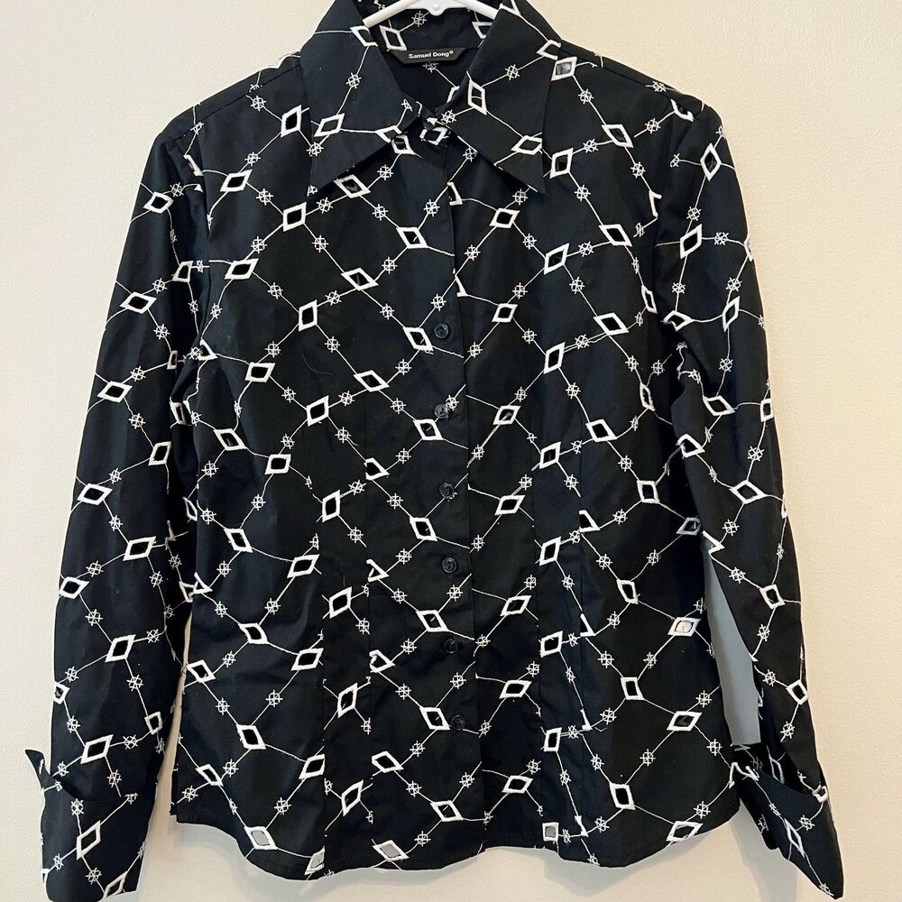 Samuel Dong Shirt Womens Small Black White Sheer Embroidered Geometric Top